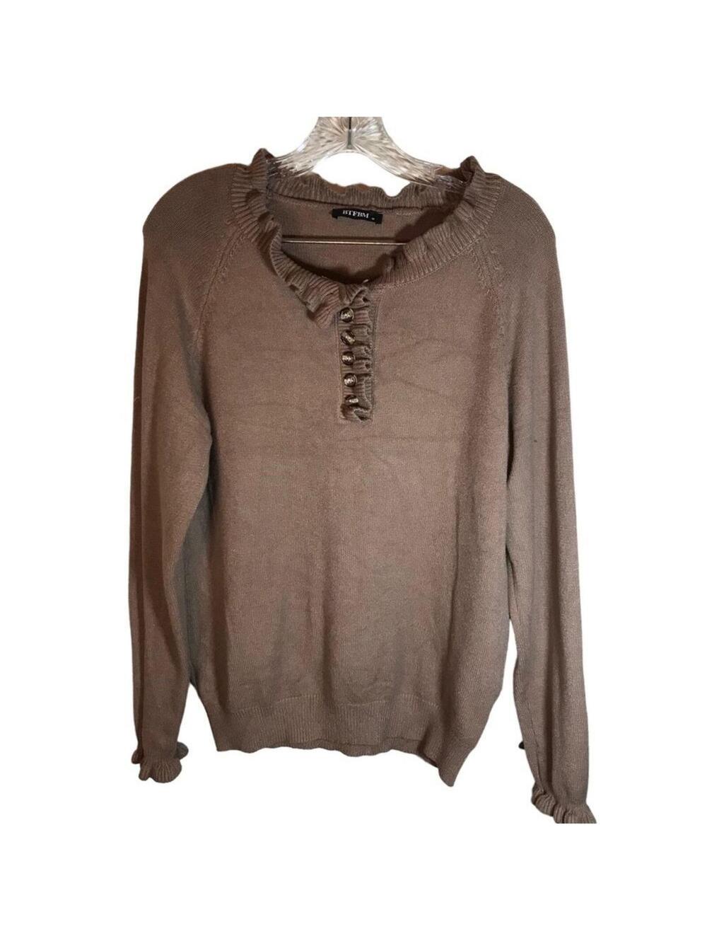 BTFBM sweater women’s medium brown ruffle trim Henley long sleeve neutral fall